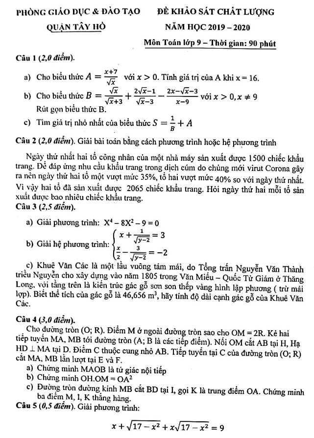 Đề khảo sát chất lượng lớp 9 môn Toán năm 2019 2020 phòng GD ĐT Tây Hồ Hà Nội