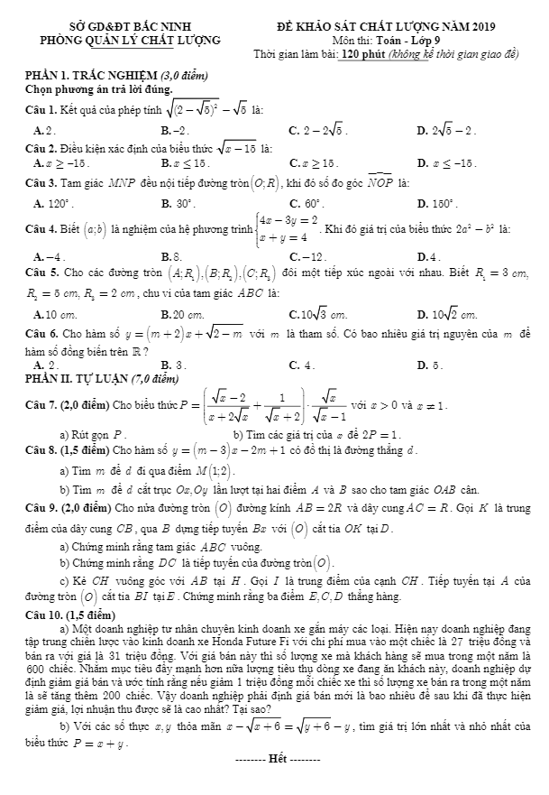 Đề khảo sát chất lượng lớp 9 môn Toán năm 2019 sở GD ĐT Bắc Ninh