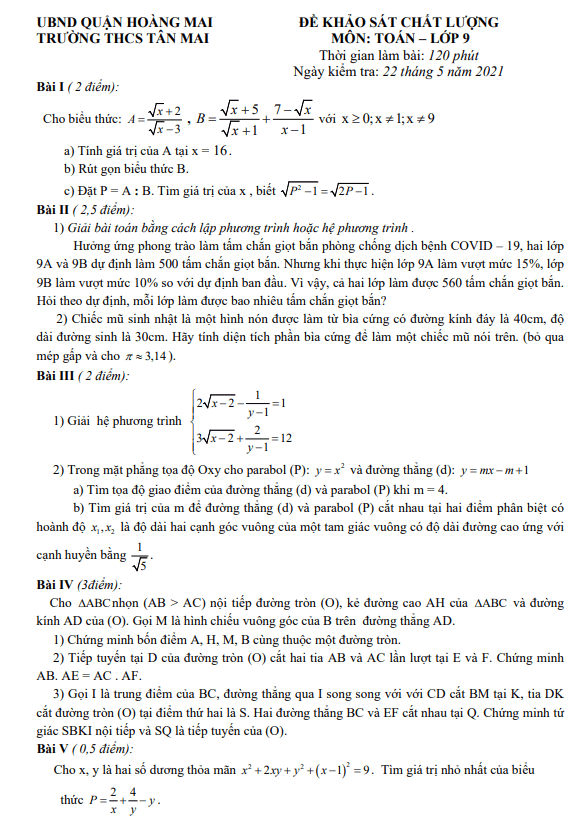 Đề khảo sát chất lượng lớp 9 môn Toán năm 2020 2021 trường THCS Tân Mai Hà Nội