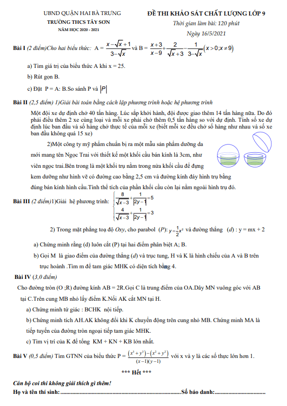 Đề khảo sát chất lượng lớp 9 môn Toán năm 2020 2021 trường THCS Tây Sơn Hà Nội