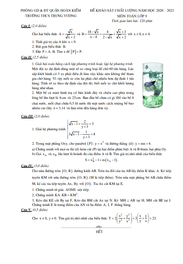 Đề khảo sát chất lượng lớp 9 môn Toán năm 2020 2021 trường THCS Trưng Vương Hà Nội