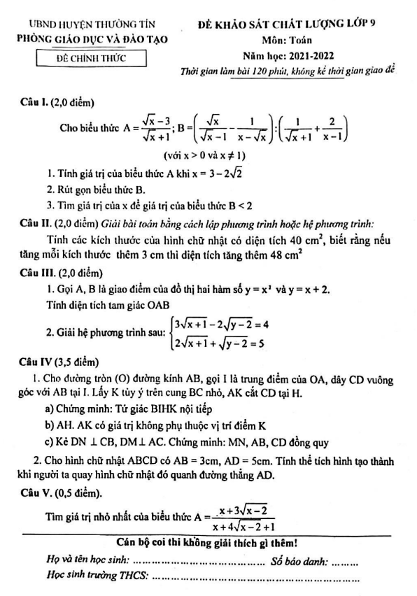 Đề khảo sát chất lượng lớp 9 môn Toán năm 2021 2022 phòng GD ĐT Thường Tín Hà Nội