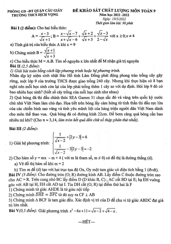 Đề khảo sát chất lượng lớp 9 môn Toán năm 2021 2022 trường THCS Dịch Vọng Hà Nội