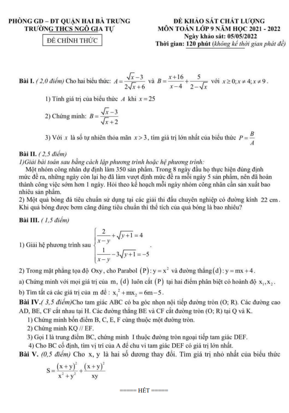 Đề khảo sát chất lượng lớp 9 môn Toán năm 2021 2022 trường THCS Ngô Gia Tự Hà Nội