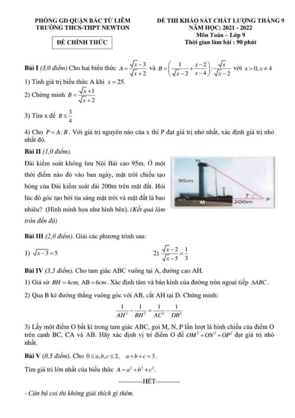 Đề khảo sát chất lượng lớp 9 môn Toán năm 2021 2022 trường THCS THPT Newton Hà Nội