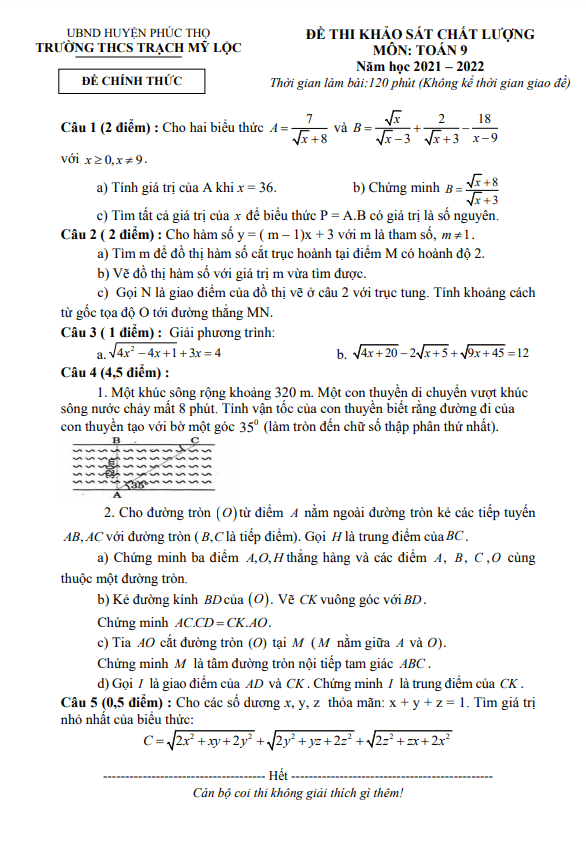 Đề khảo sát chất lượng lớp 9 môn Toán năm 2021 2022 trường THCS Trạch Mỹ Lộc Hà Nội