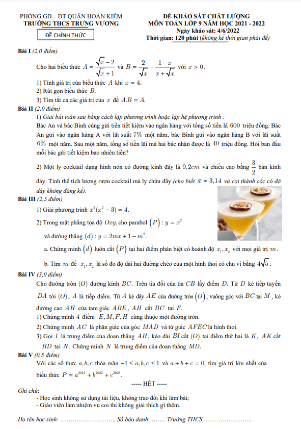 Đề khảo sát chất lượng lớp 9 môn Toán năm 2021 2022 trường THCS Trưng Vương Hà Nội