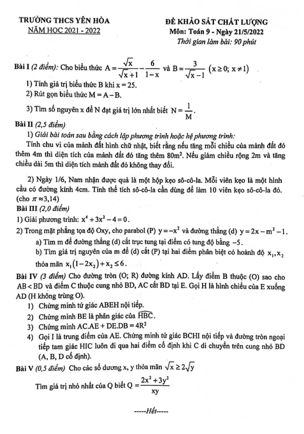 Đề khảo sát chất lượng lớp 9 môn Toán năm 2021 2022 trường THCS Yên Hòa Hà Nội