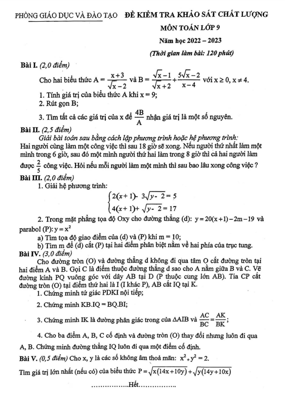 Đề khảo sát chất lượng lớp 9 môn Toán năm 2022 2023 phòng GD ĐT Đông Anh Hà Nội