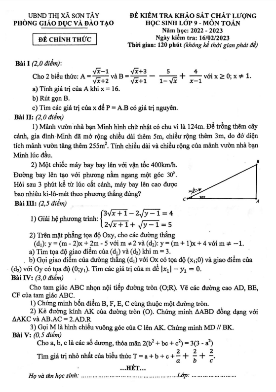 Đề khảo sát chất lượng lớp 9 môn Toán năm 2022 2023 phòng GD ĐT Sơn Tây Hà Nội
