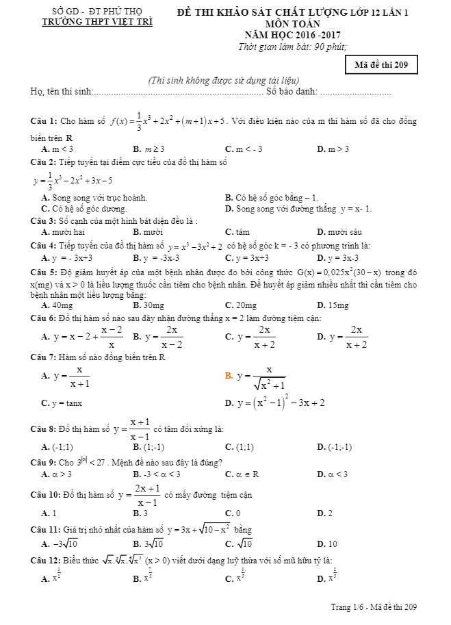 Đề khảo sát chất lượng môn Toán trường Việt Trì Phú Thọ lần 1