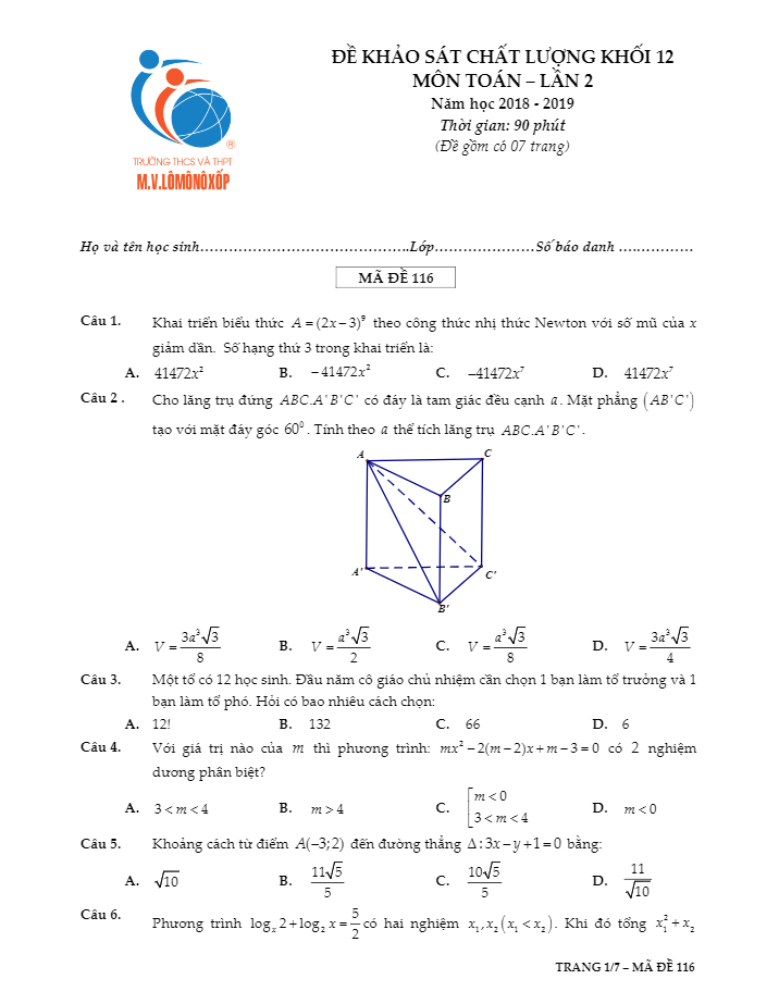 Đề khảo sát chất lượng Toán 12 năm 2018 2019 trường M.V Lômônôxốp Hà Nội lần 2