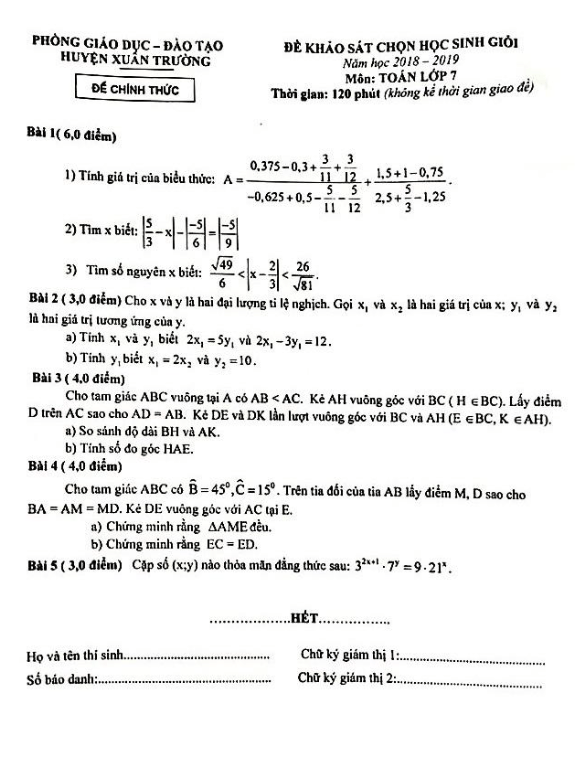 Đề khảo sát chọn HSG lớp 7 môn Toán năm 2018 2019 phòng GD ĐT Xuân Trường Nam Định