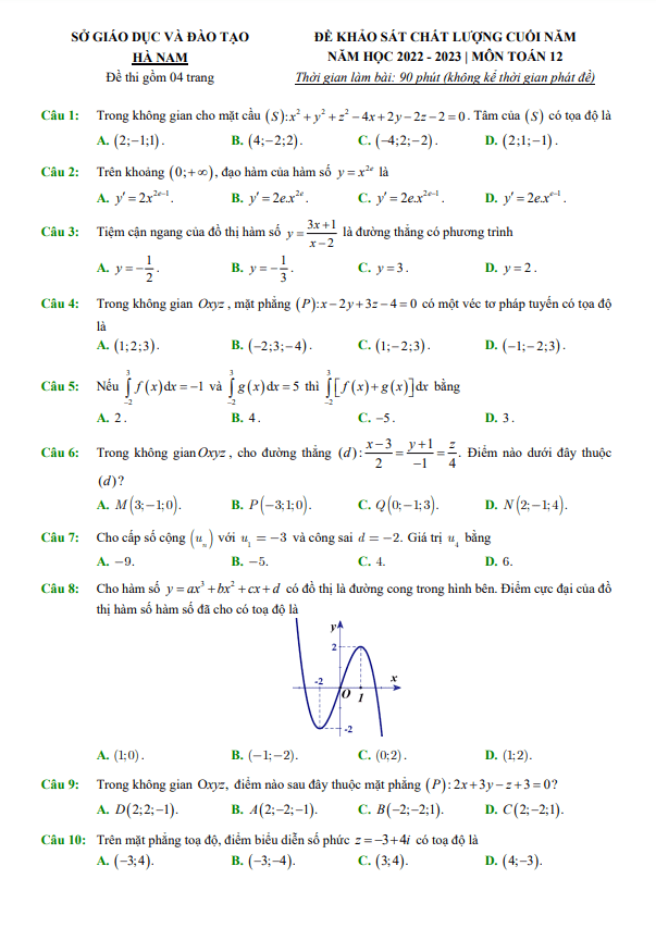 Đề khảo sát cuối năm lớp 12 môn Toán năm 2022 2023 sở GD ĐT Hà Nam