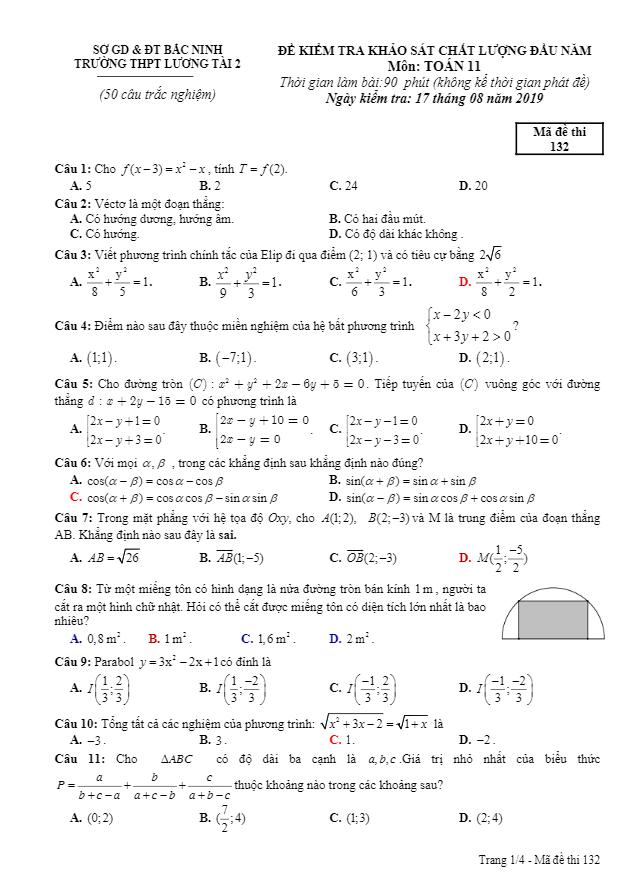 Đề khảo sát đầu năm lớp 11 môn Toán năm 2019 2020 trường Lương Tài 2 Bắc Ninh