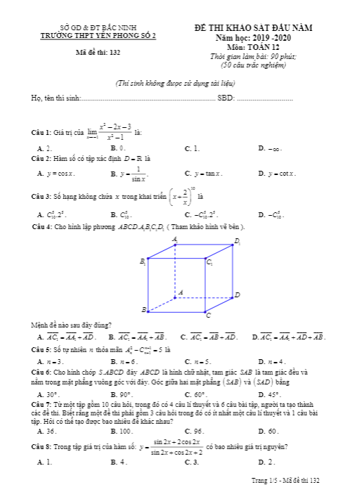 Đề khảo sát đầu năm lớp 12 môn Toán năm 2019 2020 trường Yên Phong 2 Bắc Ninh