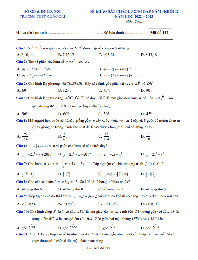 Đề khảo sát đầu năm lớp 12 môn Toán năm 2022 2023 trường THPT Quốc Oai Hà Nội