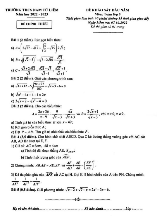 Đề khảo sát đầu năm lớp 9 môn Toán năm 2022 2023 trường THCS Nam Từ Liêm Hà Nội