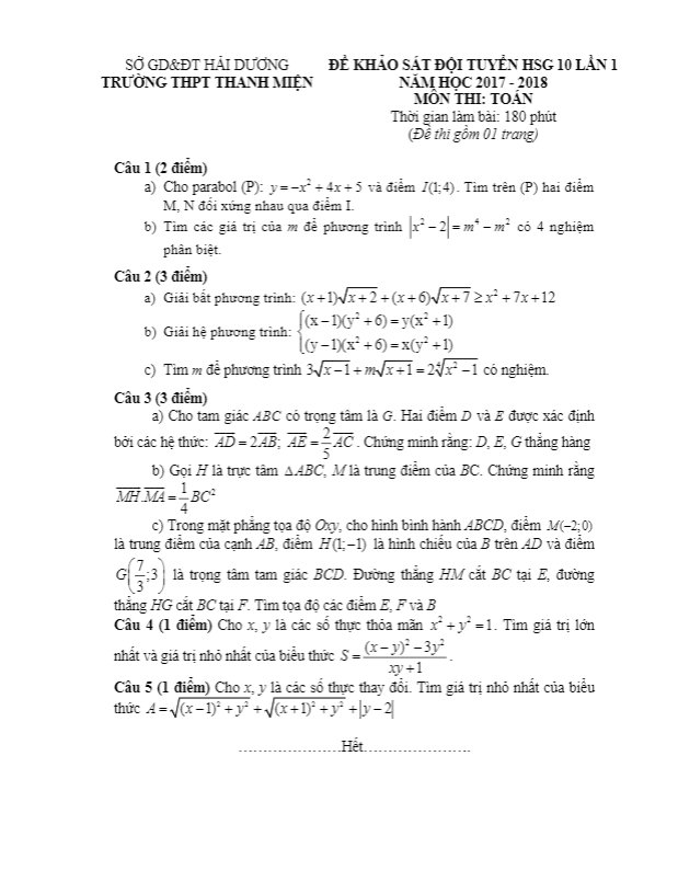 Đề khảo sát đội tuyển HSG lớp 10 môn Toán lần 1 năm học 2017 2018 trường THPT Thanh Miện Hải Dương