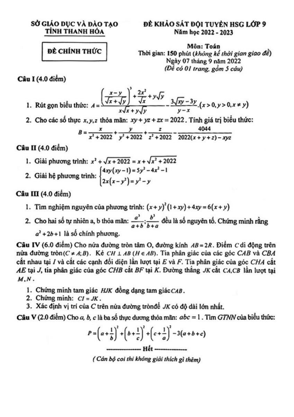 Đề khảo sát đội tuyển HSG lớp 9 môn Toán năm 2022 2023 sở GD ĐT Thanh Hóa