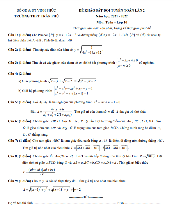 Đề khảo sát đội tuyển lớp 10 môn Toán lần 2 năm 2021 2022 trường THPT Trần Phú Vĩnh Phúc