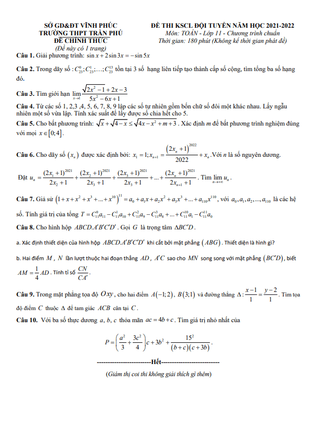 Đề khảo sát đội tuyển lớp 11 môn Toán lần 2 năm 2021 2022 trường THPT Trần Phú Vĩnh Phúc