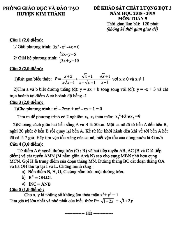 Đề khảo sát đợt 3 lớp 9 môn Toán năm 2018 2019 phòng GD ĐT Kim Thành Hải Dương