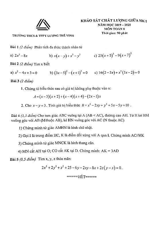 Đề khảo sát giữa học kì 1 (HK1) lớp 8 môn Toán năm 2019 2020 trường Lương Thế Vinh Hà Nội