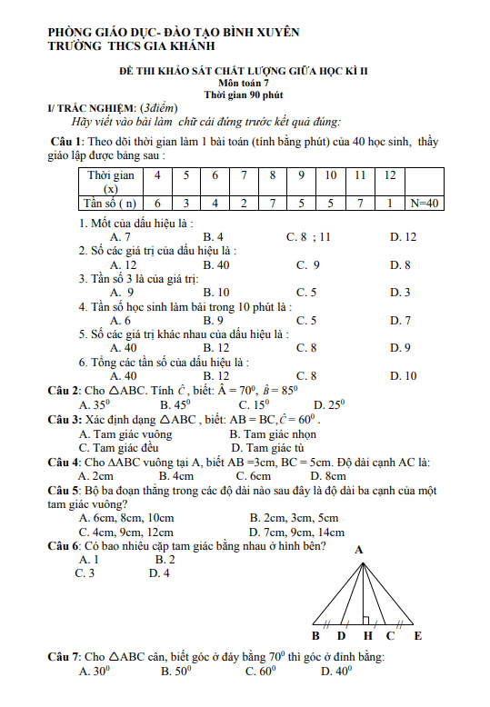 Đề khảo sát giữa học kì 2 (HK2) lớp 7 môn Toán năm 2019 2020 trường THCS Gia Khánh Vĩnh Phúc