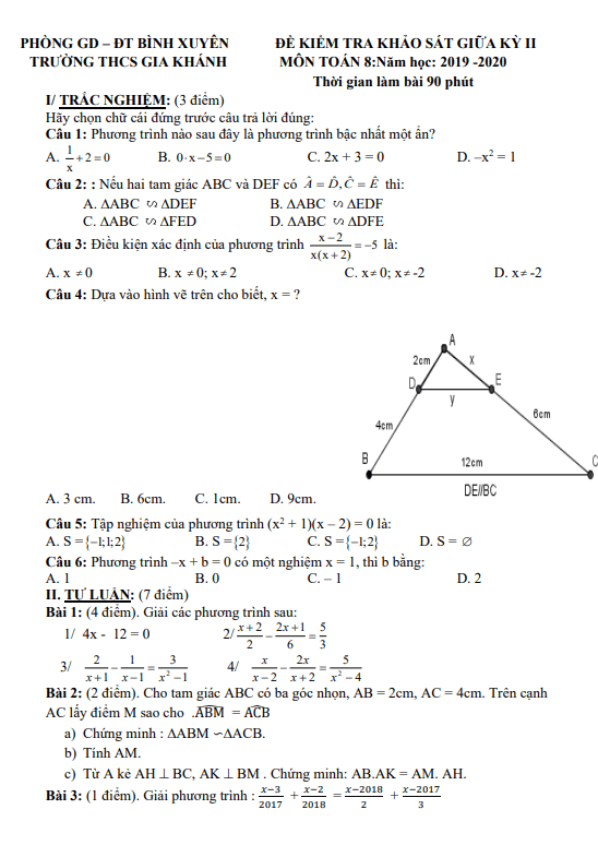 Đề khảo sát giữa học kì 2 (HK2) lớp 8 môn Toán năm 2019 2020 trường THCS Gia Khánh Vĩnh Phúc