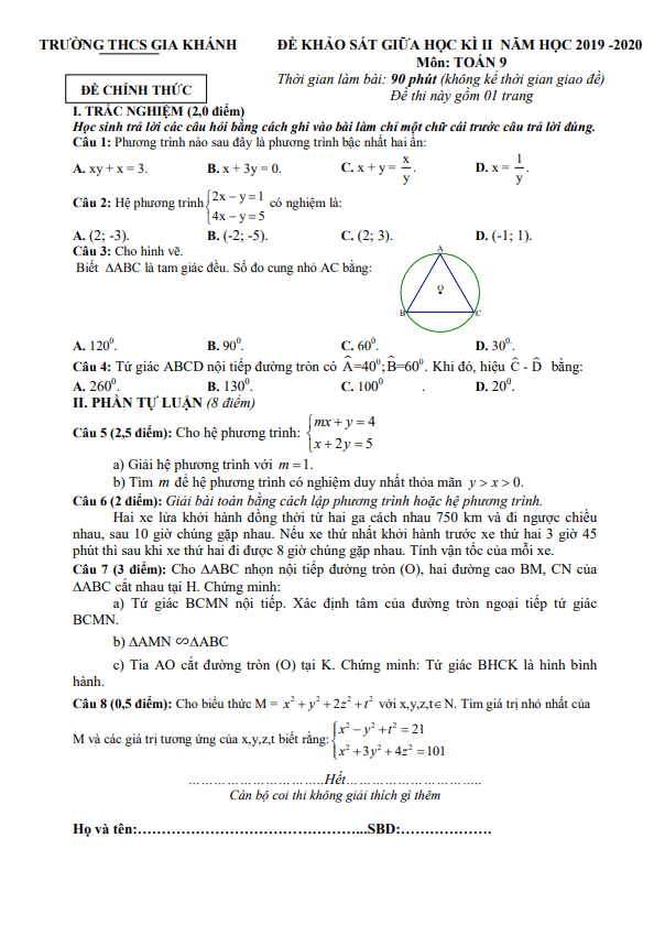 Đề khảo sát giữa học kì 2 (HK2) lớp 9 môn Toán năm 2019 2020 trường THCS Gia Khánh Vĩnh Phúc