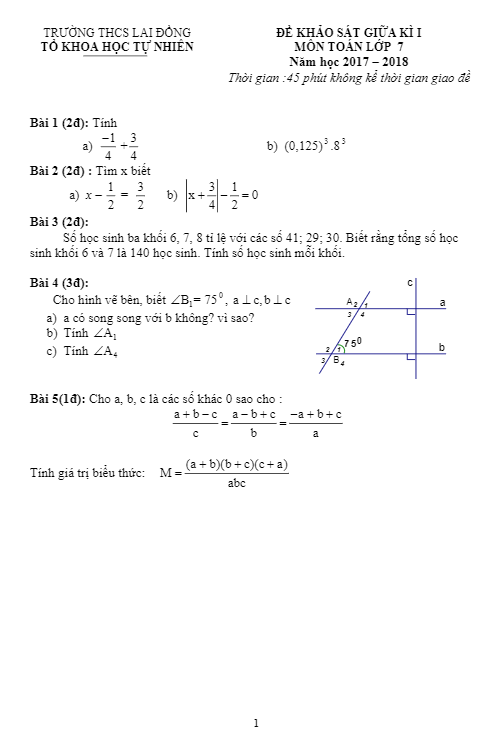Đề khảo sát giữa kỳ I lớp 7 môn Toán năm học 2017 2018 trường THCS Lai Đồng Phú Thọ