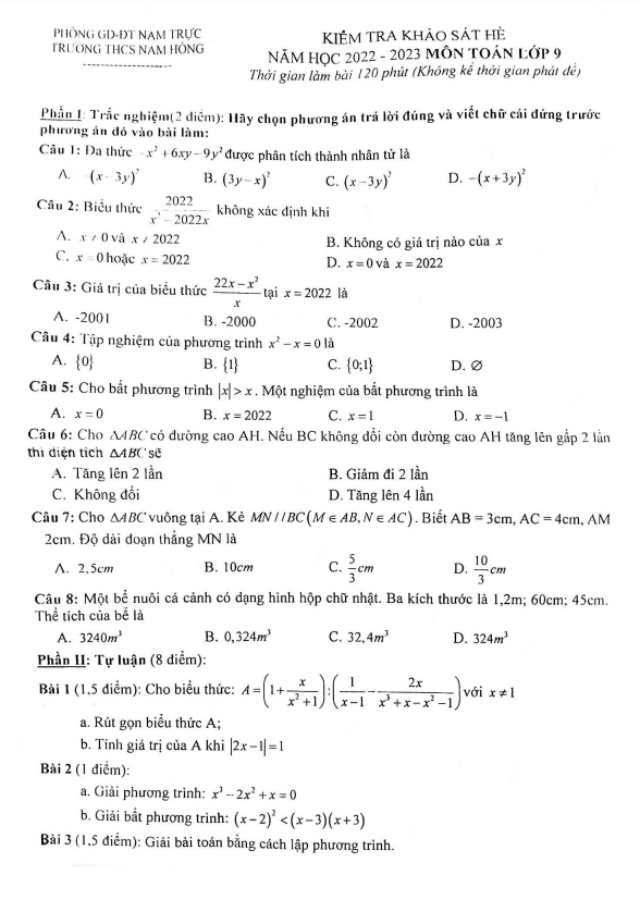 Đề khảo sát hè lớp 9 môn Toán năm 2022 2023 trường THCS Nam Hồng Nam Định