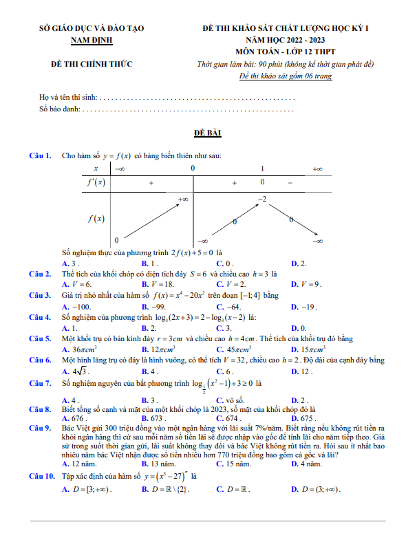 Đề khảo sát học kì 1 (HK1) lớp 12 môn Toán năm 2022 2023 sở GD ĐT Nam Định