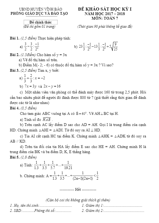 Đề khảo sát học kì 1 (HK1) lớp 7 môn Toán năm học 2017 2018 phòng GD và ĐT Vĩnh Bảo Hải Phòng