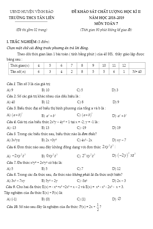 Đề khảo sát học kì 2 (HK2) lớp 7 môn Toán năm 2018 2019 trường THCS Tân Liên Hải Phòng