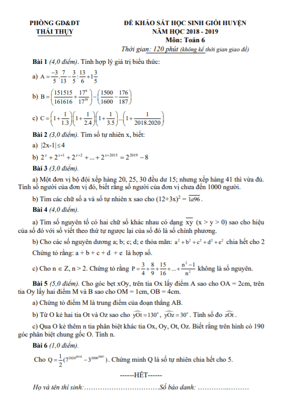 Đề khảo sát HSG huyện lớp 6 môn Toán năm 2018 2019 phòng GD ĐT Thái Thụy Thái Bình