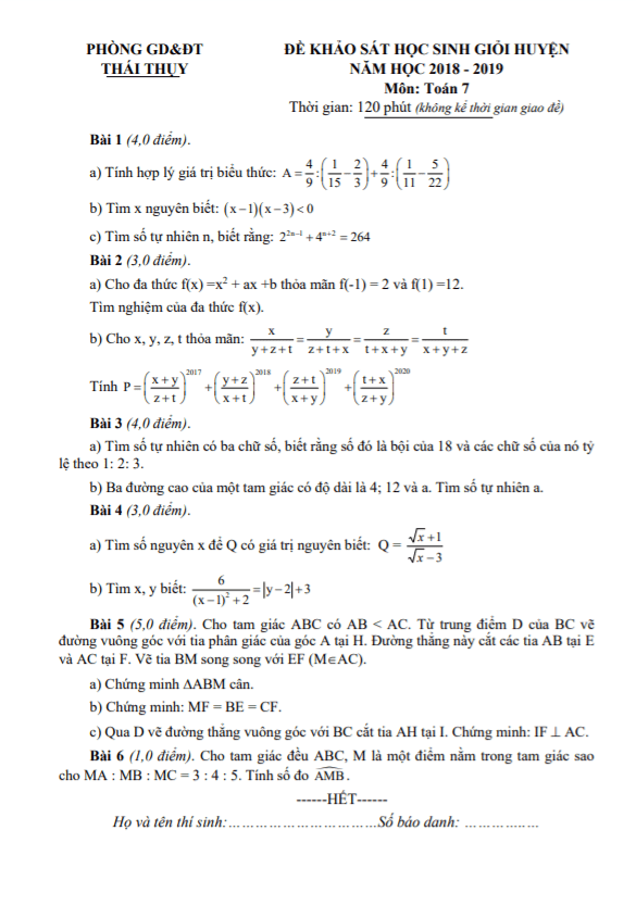 Đề khảo sát HSG huyện lớp 7 môn Toán năm 2018 2019 phòng GD ĐT Thái Thụy Thái Bình