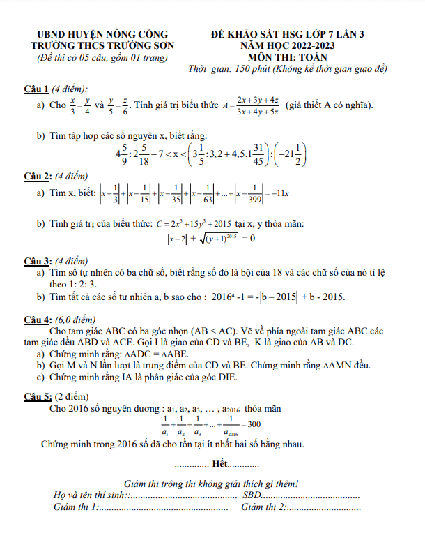 Đề khảo sát HSG lớp 7 môn Toán lần 3 năm 2022 2023 trường THCS Trường Sơn Thanh Hóa