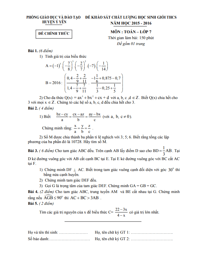 Đề khảo sát HSG lớp 7 môn Toán năm 2015 2016 phòng GD ĐT Ý Yên Nam Định