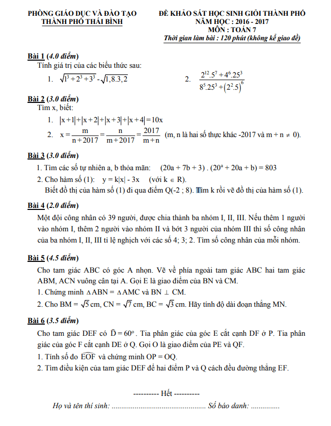 Đề khảo sát HSG lớp 7 môn Toán năm 2016 2017 phòng GD ĐT thành phố Thái Bình