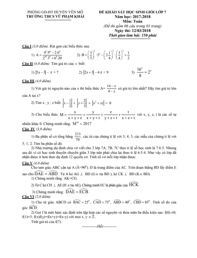 Đề khảo sát HSG lớp 7 môn Toán năm 2017 2018 trường THCS Vũ Phạm Khải Ninh Bình