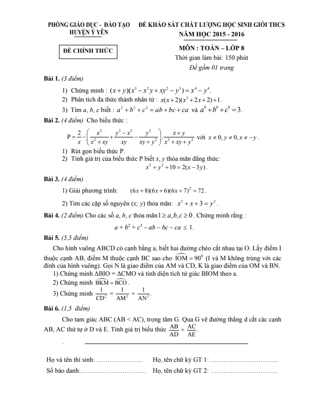 Đề khảo sát HSG lớp 8 môn Toán năm 2015 2016 phòng GD ĐT Ý Yên Nam Định