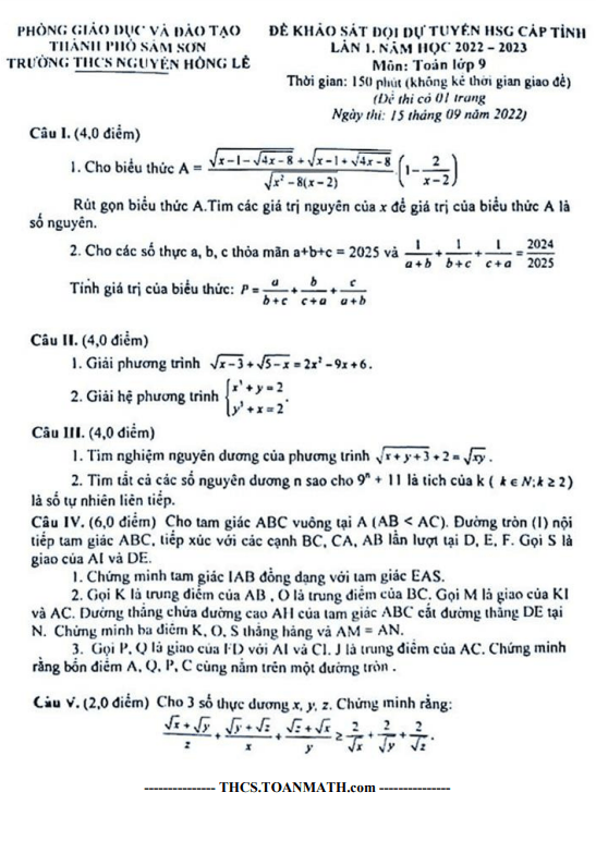 Đề khảo sát HSG lớp 9 môn Toán lần 1 năm 2022 2023 trường THCS Nguyễn Hồng Lễ Thanh Hóa