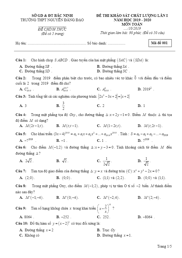 Đề khảo sát lần 1 lớp 11 môn Toán năm 2019 2020 trường Nguyễn Đăng Đạo Bắc Ninh