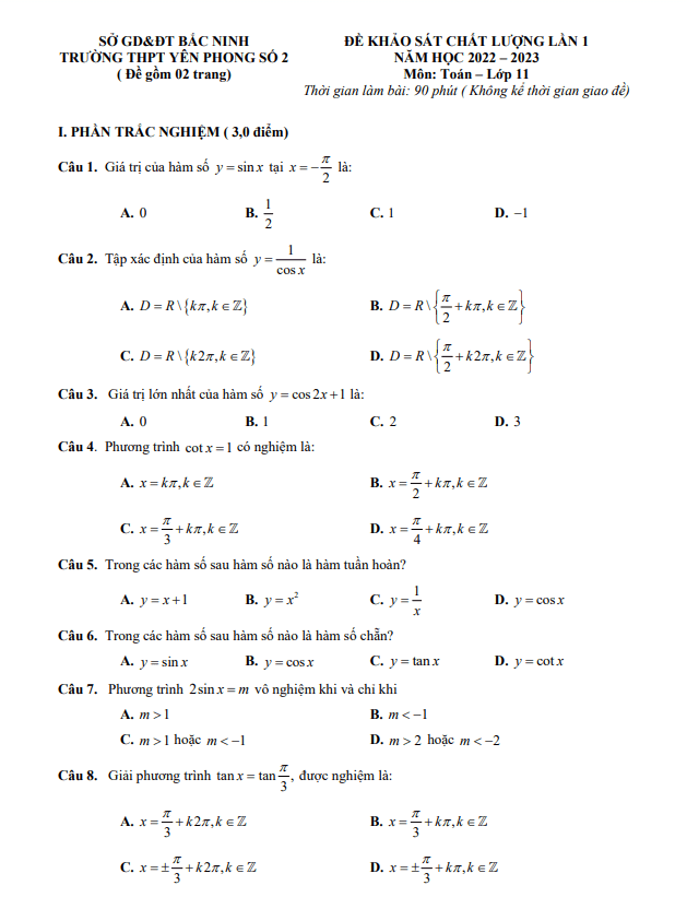 Đề khảo sát lần 1 lớp 11 môn Toán năm 2022 2023 trường THPT Yên Phong 2 Bắc Ninh