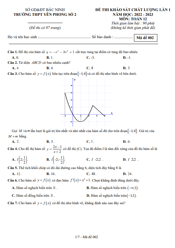 Đề khảo sát lần 1 lớp 12 môn Toán năm 2022 2023 trường THPT Yên Phong 2 Bắc Ninh