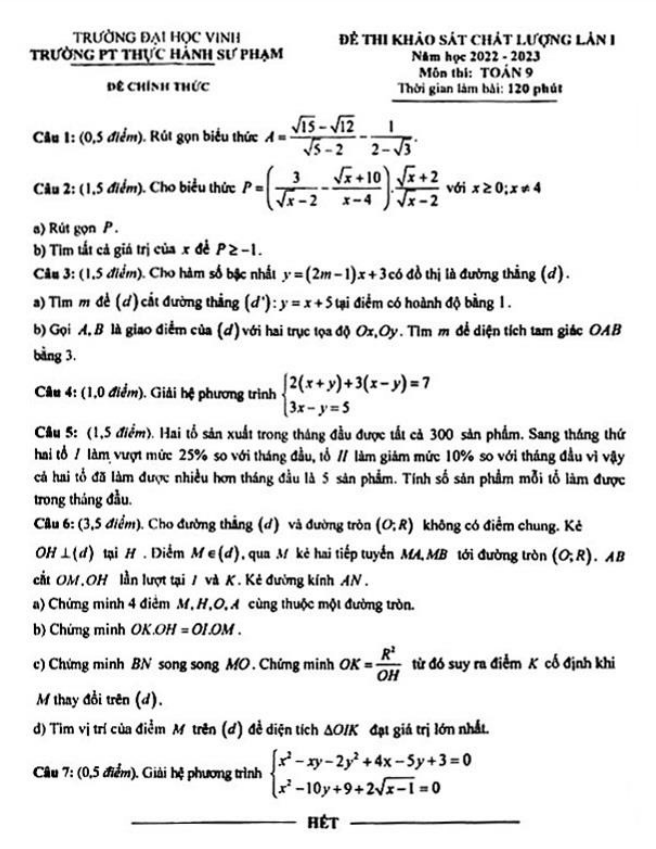 Đề khảo sát lần 1 lớp 9 môn Toán năm 2022 2023 trường PT Thực hành Sư phạm Nghệ An