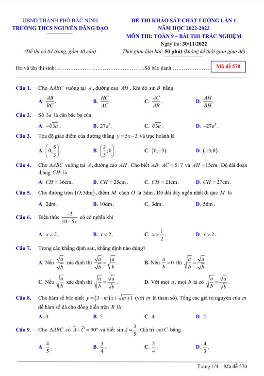 Đề khảo sát lần 1 lớp 9 môn Toán năm 2022 2023 trường THCS Nguyễn Đăng Đạo Bắc Ninh