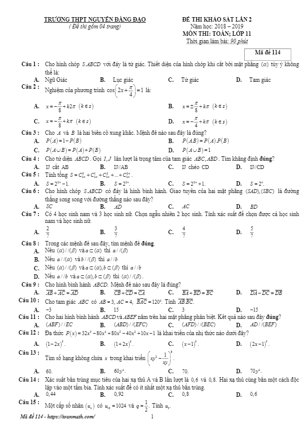 Đề khảo sát lần 2 lớp 11 môn Toán năm 2018 2019 trường Nguyễn Đăng Đạo Bắc Ninh